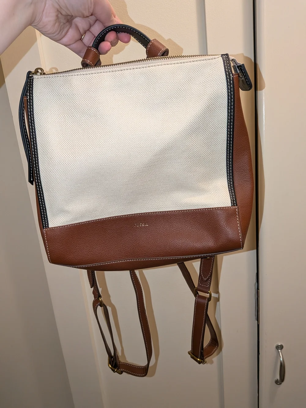 Fossil Cream and Brown Canvas & Leather Backpack